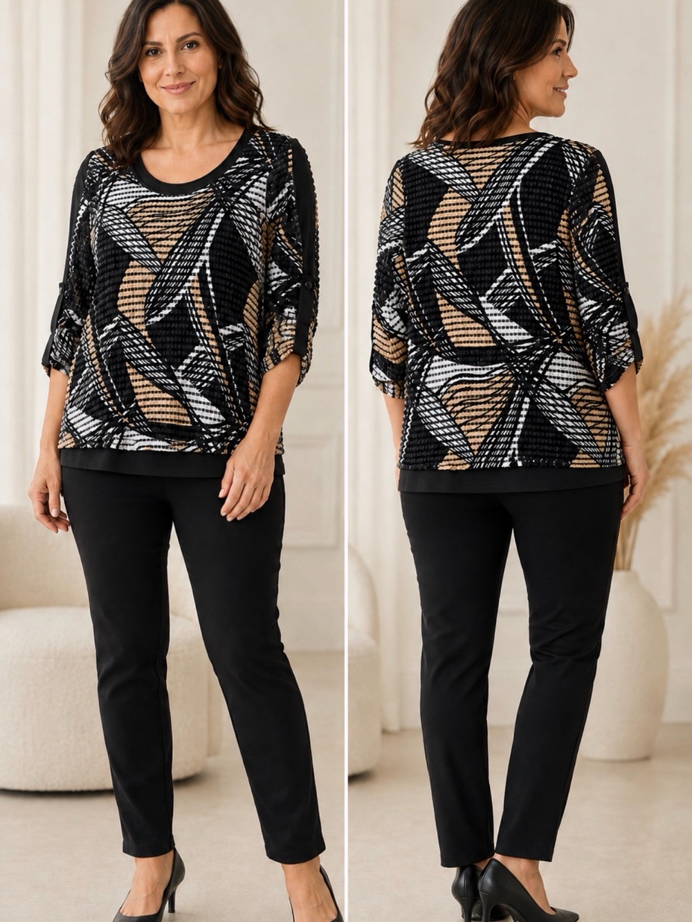 Joseph Ribkoff Black, Cream & White Textured Patterned Tunic Top